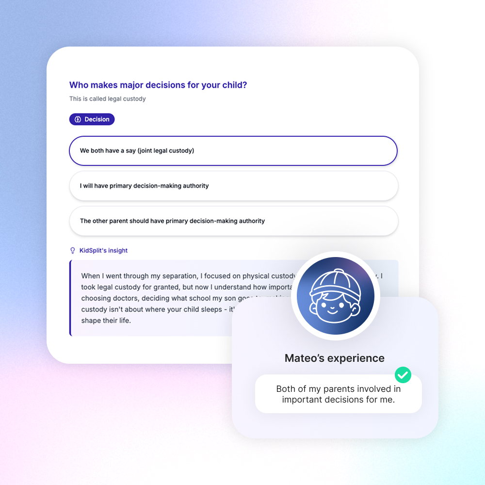 KidSplit interface showing legal custody decision options with insights from real families