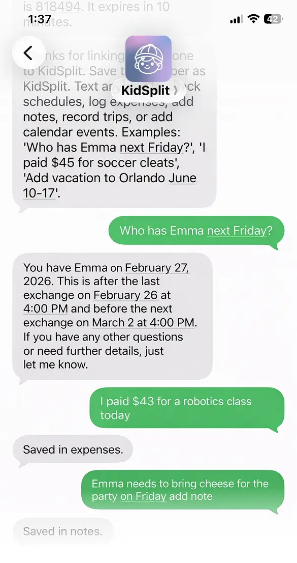 Example text conversation showing how KidSplit handles schedule, expenses, and vacation updates.